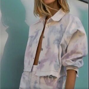 Zara cropped tie‎ dyed long sleeve puff sleeve button down denim jacket large